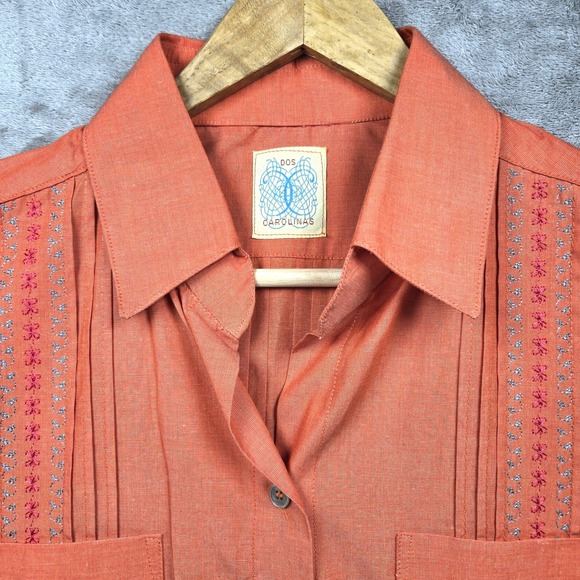 Dos Carolinas Embroidered Cotton Guayabera Shirt Dress Orange Boho Artisan Large - Picture 3 of 8